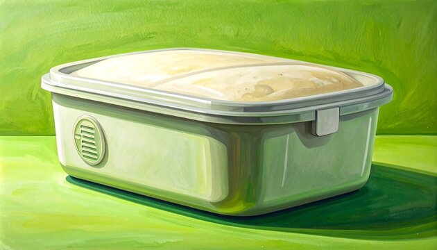 Plastic food storage container on green background.