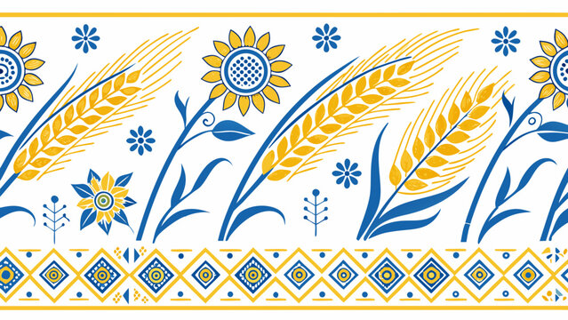 Ukrainian seamless border pattern with sunflowers golden wheat stalks and traditional geometric ornament vector