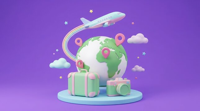 Travel and Tourism Globe with Airplane and Accessories 3D Illustration concept of World Tourism Day