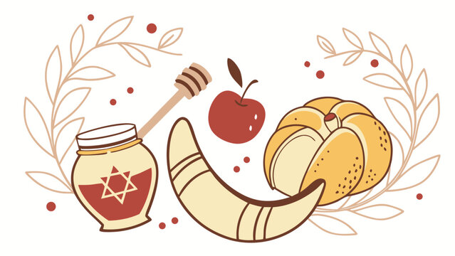 Rosh Hashanah Jewish New Year composition with shofar honey jar red apple challah bread and floral frame vector
