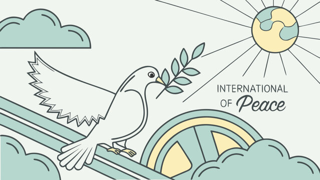 International day of peace vector banner with dove olive branch globe sun and clouds