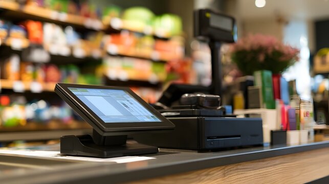 Modern touchscreen cash register at a retail checkout counter with blurred shelves of products in background