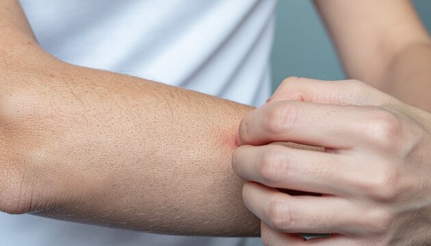 Close-up of a person scratching a red itchy skin rash on their arm due to allergy or insect bite