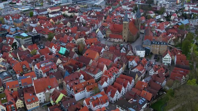 Panorama aerial view beside the old town above the city of &Ouml;hringen in Germany, on a cloudy autumn noon.