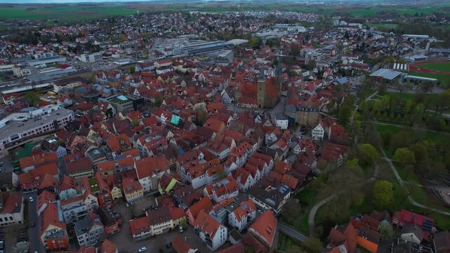 Panorama aerial view beside the old town above the city of &Ouml;hringen in Germany, on a cloudy autumn noon.