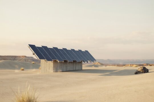 A standalone solar panel array installed on a concrete base in a sandy desert environment with distant rocky hills under a soft, hazy sunset light