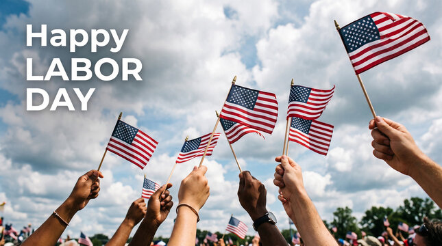 Crowd holding small American flags under sky with Labor Day text.