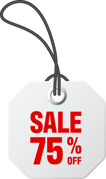White sale tag with seventy five percent off isolated on transparent background
