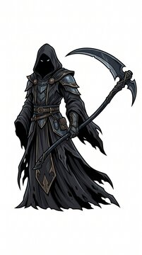 Dark grim reaper character holding a large scythe in a ragged black hood