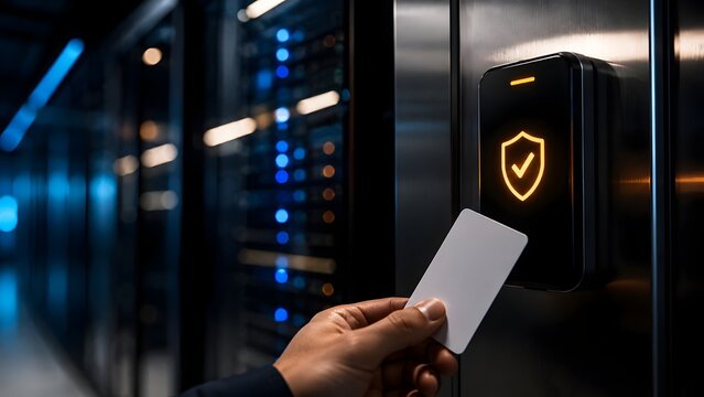 Secure server room access showing hand using blank keycard at electronic door lock with glowing orange shield for data protection