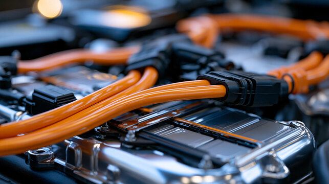 Ultra detailed macro of a high performance EV battery module highlighting rows of lithium ion cells, precision electrical busbars, orange insulated cables, black connectors and mirror polished metal
