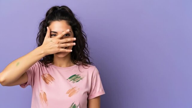 A young woman covering her face with her hand against a purple background