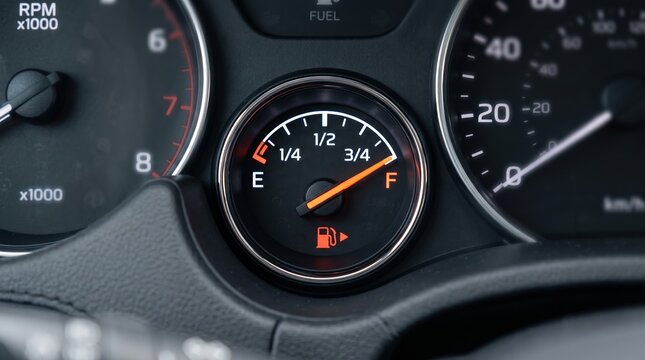 Full Fuel Gauge Closeup on Car Dashboard with Speedometer