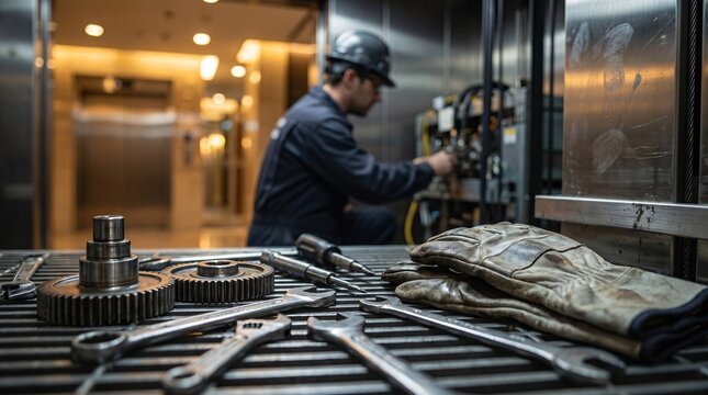 A professional technician repairing an industrial elevator system inside a modern building