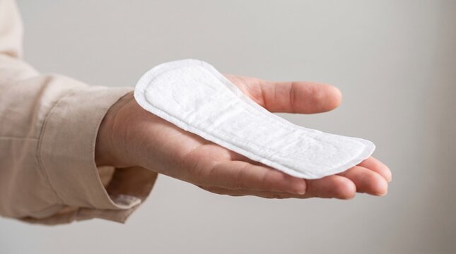 A woman holding a clean white sanitary pad in her hand for feminine hygiene and health care