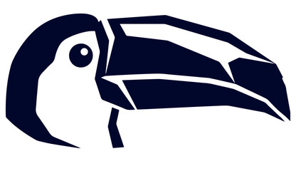 Obraz premium Minimalist toucan head profile illustration using navy blue geometric segments for tropical nature logo design.