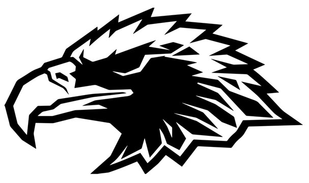 Eagle head mascot vector logo featuring sharp white and black feathers with bold outline for sports team branding.