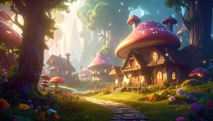 Fairy tale village with mushroom houses in enchanted forest. © Atala