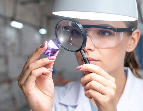 Female gemologist examining purple crystal with magnifying glass in laboratory