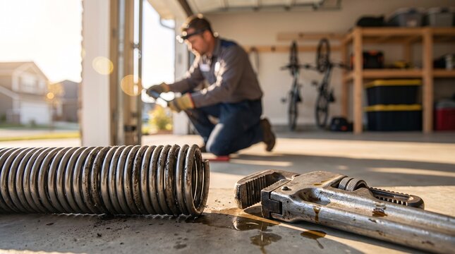 Professional technician repairing a residential garage door with tools in a sunny workshop