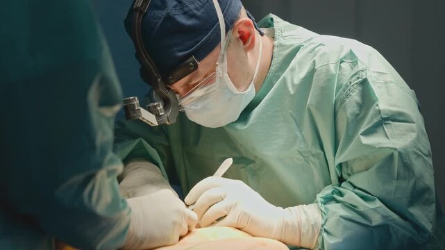 Two professional doctors surgeons operating patient making precise incision with scalpel in sterile clinic modern medicine therapy gastric abdominal surgeon man physician work with assistant intern