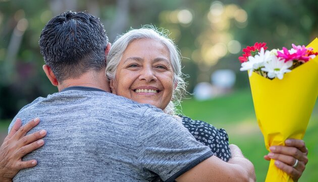 Joyful elderly woman smiling while hugging her son and holding a bouquet of flowers in a park