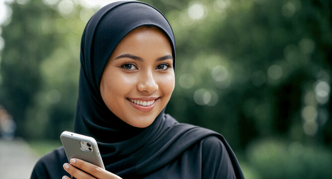 Happy Asian Muslim woman in black hijab holding mobile phone with nature bokeh background, outdoor portrait