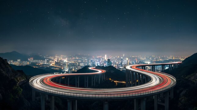 Winding highway with light trails overlooks a sprawling city at night