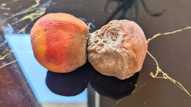 Rotting peach transferring mold to adjacent fresh peach on surface