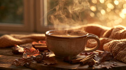 Fototapeta premium Cozy Autumn Warm Beverage with Steaming Ceramic Mug, Dried Leaves, Acorns and Cinnamon in Golden Morning Light