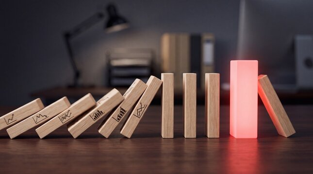 A creative setup of dominoes leading to a glowing block, symbolizing innovation and consequences in business.