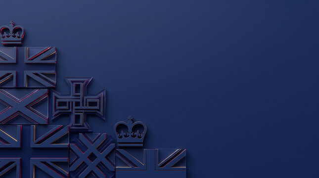 British Union Jack flags and crowns arranged in a corner against a dark blue background with copy space