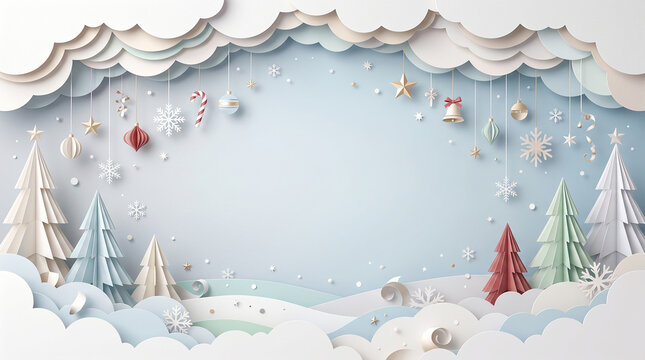 Golden paper art forest scene with snowy mountains perfect for winter holiday posts and professional event banners