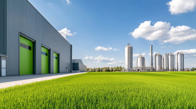 Modern industrial facility with biogas plant and green grass field under blue sky