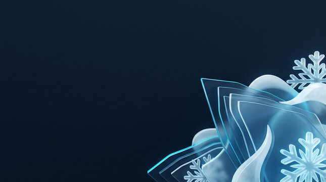 Abstract frozen crystal flower with snowflakes during winter on dark blue background