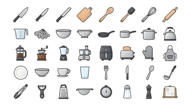 Kitchen utensils and cooking appliances are organized in a grid format to showcase essential culinary tools for home chefs.