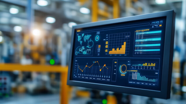 Digital display showing real time production data with graphs and statistics in factory setting