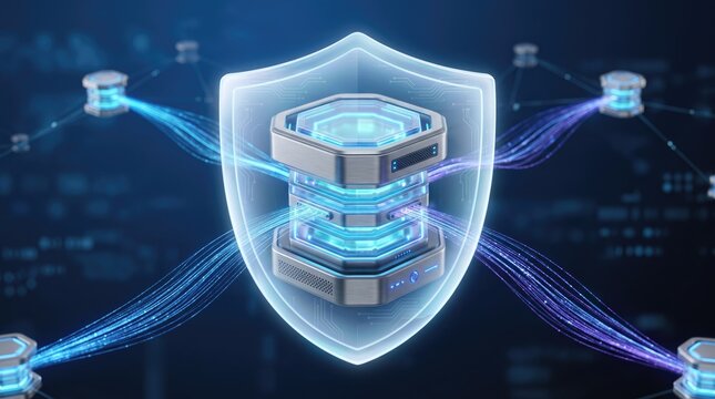 A futuristic shield symbolizing data protection with connected databases in a digital environment.