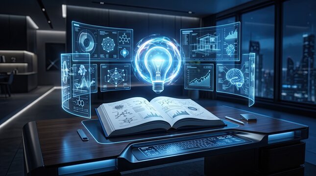 A futuristic workspace featuring a holographic interface with data visualizations for creative innovation.
