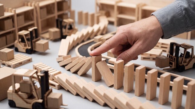 A hand sets up a wooden domino effect in a miniature industrial layout, highlighting precision and planning in operations.