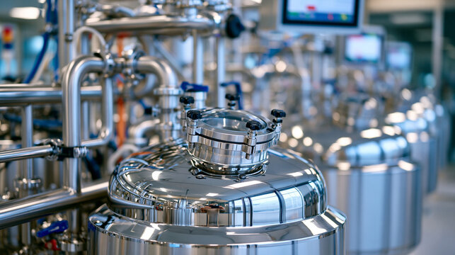 Aerial interior view of a pharmaceutical biotechnology plant with dozens of stainless steel bioreactors arranged in perfect symmetry, complex piping maze and monitoring equipment, futuristic product