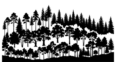 Fototapeta premium Artistic black tree silhouettes with diverse botanical shapes and woodland nature elements vector set