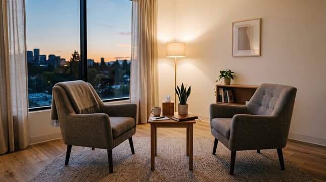 Cozy therapy office interior at sunset