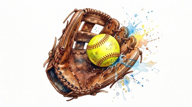 Watercolor illustration of a softball glove and yellow ball on a white background
