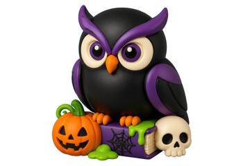 Fototapeta premium Black and purple owl Halloween figurine with pumpkin and skull