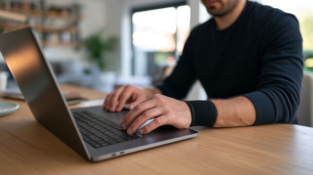 Remote Worker Wearing Wrist Support Brace While Typing on Laptop