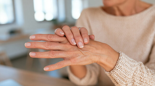 Middle-Aged Woman Massaging Fingers to Relieve Joint Pain and Arthritis in Bright Home Office