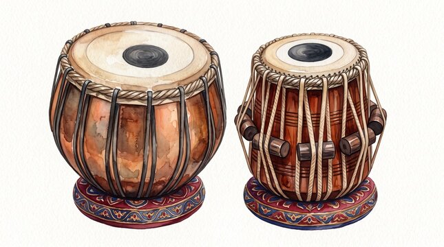 Watercolor illustration of traditional Indian tabla drums isolated on white background