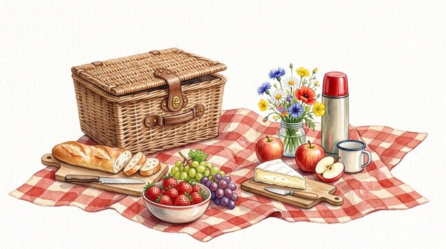 Watercolor picnic basket with fresh food and wildflowers on a red checkered blanket