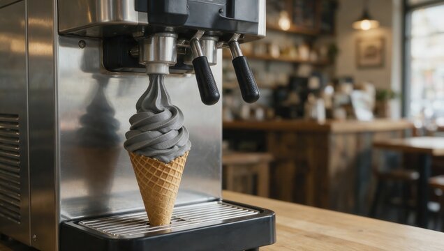 A commercial soft serve machine dispenses a tall swirl of black sesame ice cream into a crisp waffle cone.